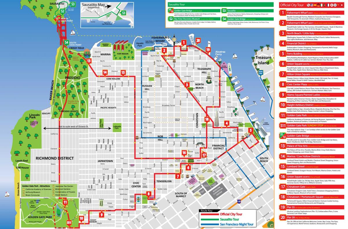 San Francisco Hop On Hop Off bus touren kaart