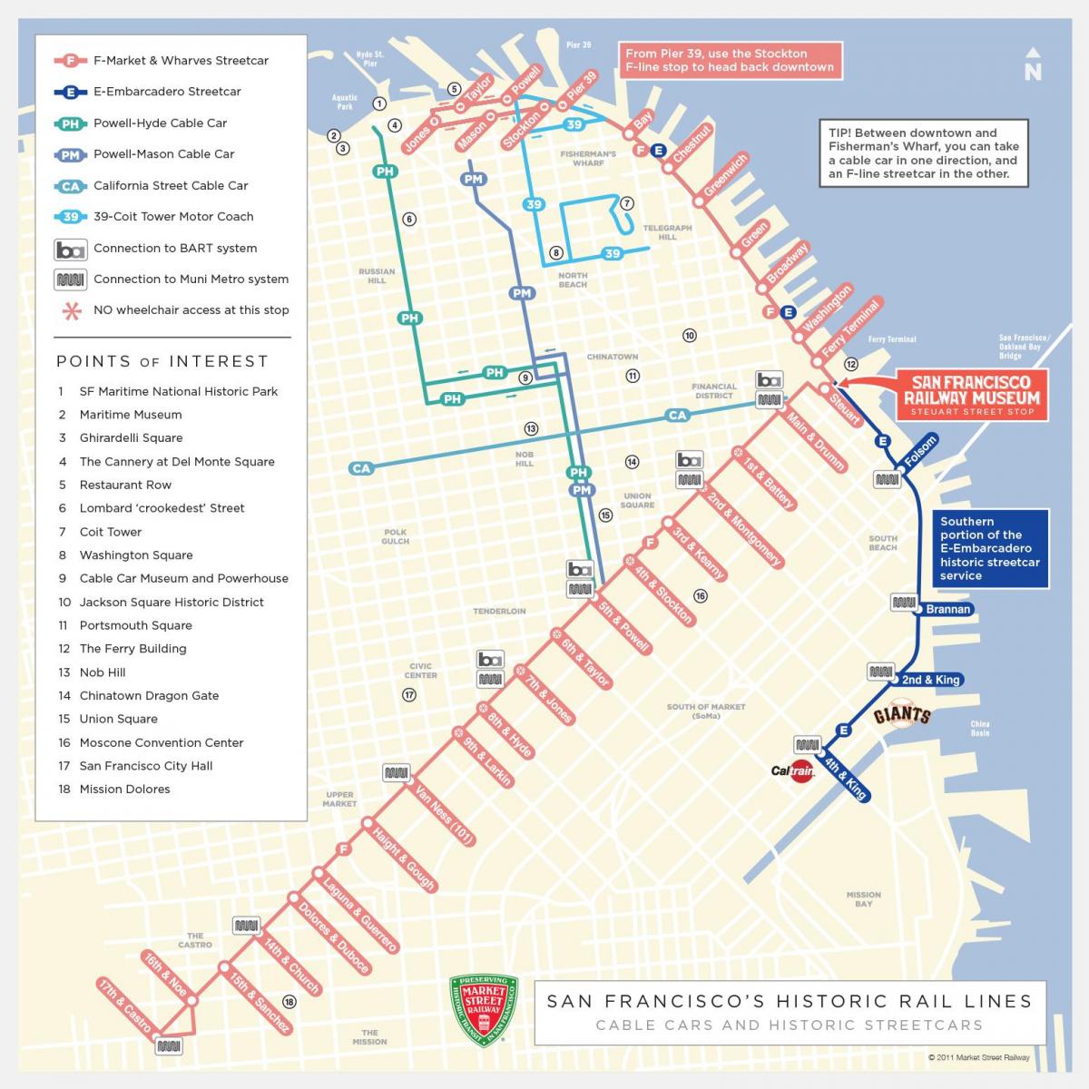 Kaart van de tramstations in San Francisco